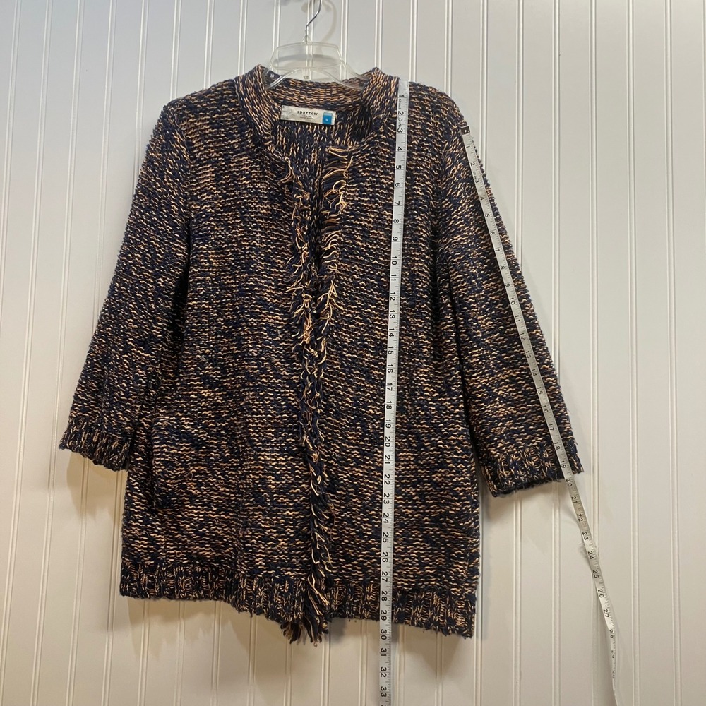 Sparrow Anthropologie Navy Tan Fringe Open Front Cardigan Sweater Wool Linen M - Picture 10 of 12